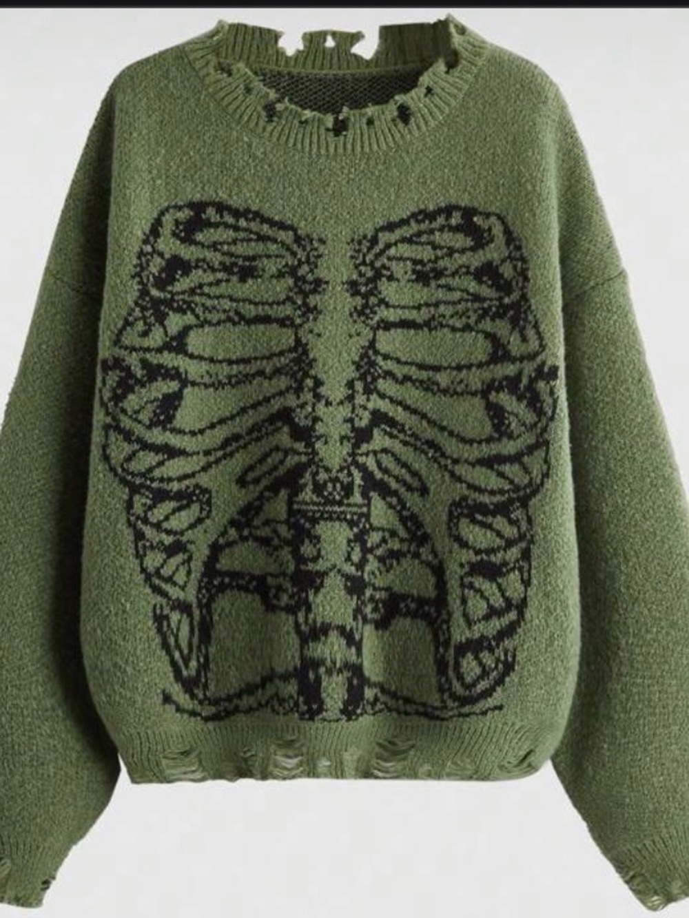 ROMWE Olive Green Distressed Ribcage Graphic Crewneck Sweater